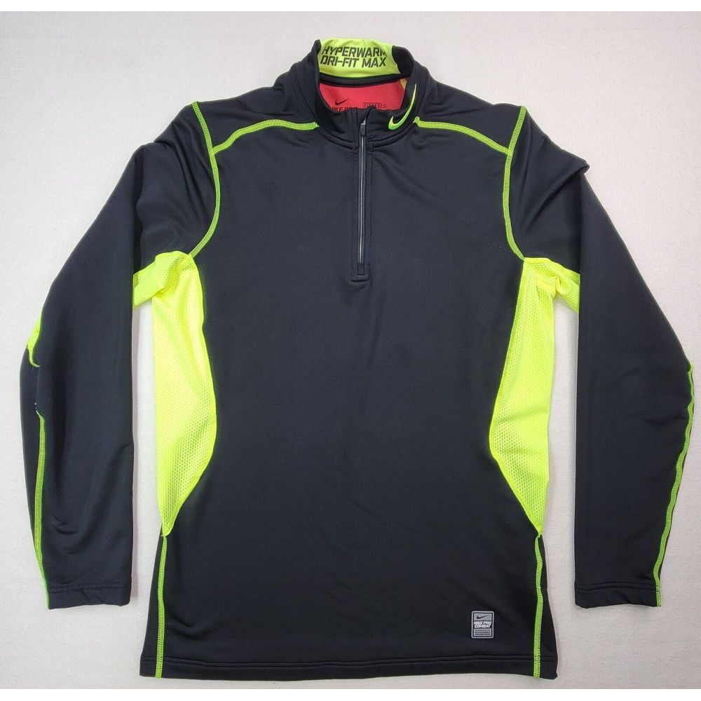 Nike Pro Combat Men M Hyperwarm DriFit 1/4 Zip Black Neon Large Fitted Pullover